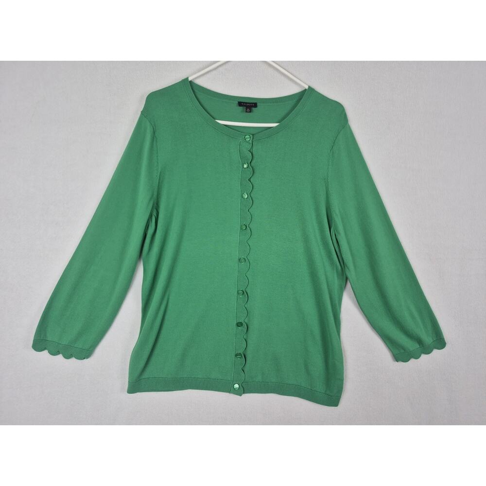 Talbots Women XL Green Cardigan Sweater Scalloped Trim Button Front 3/4 Sleeve